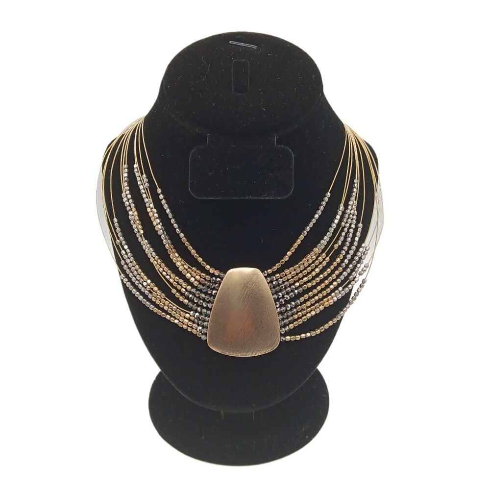 Chico’s Metallic Bead Necklace Brushed Gold Tone Geometric Floating Bib Cocktail